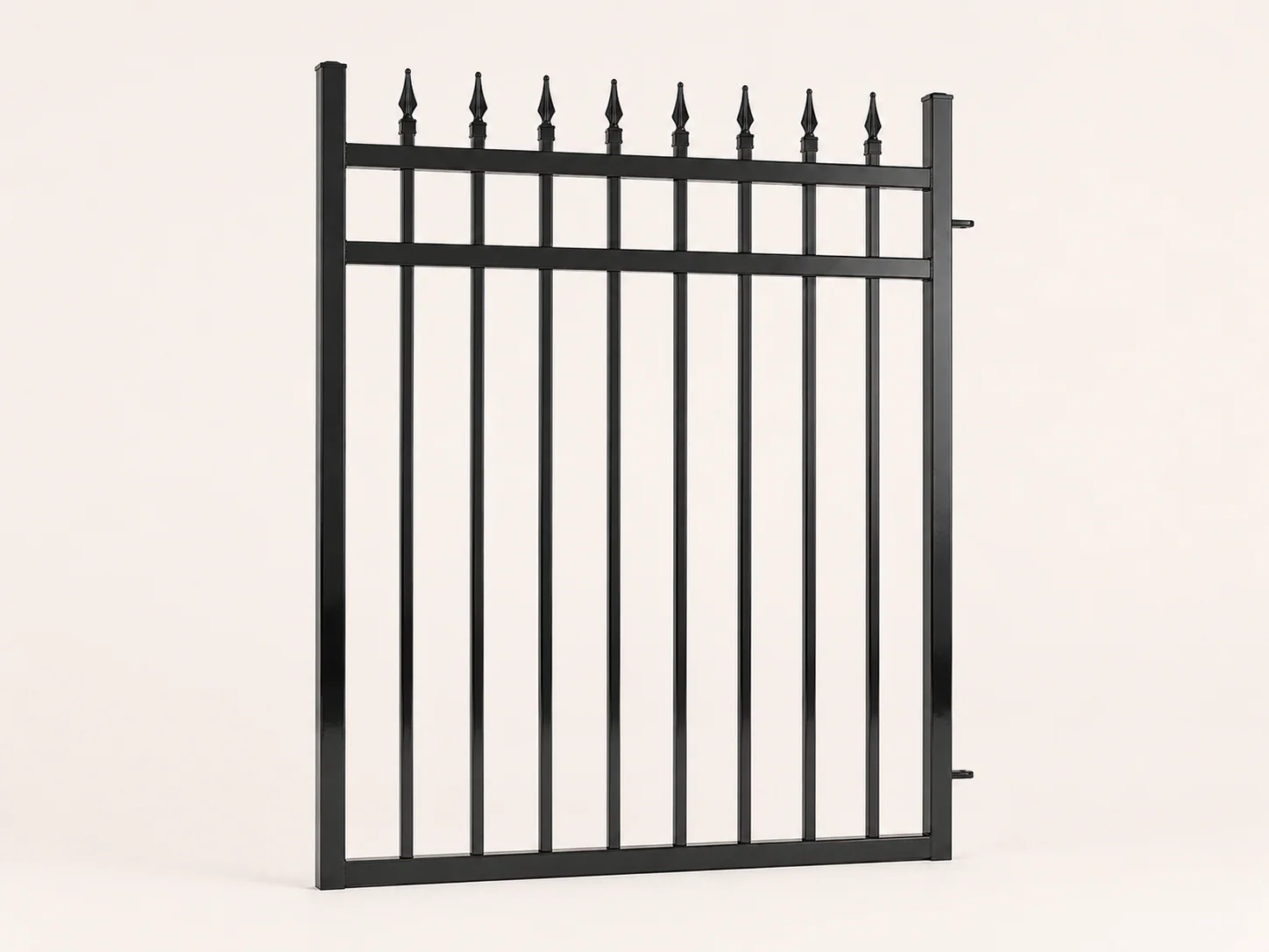 Left three-quarter view of the gloss-black 4 ft spear-top gate leaf