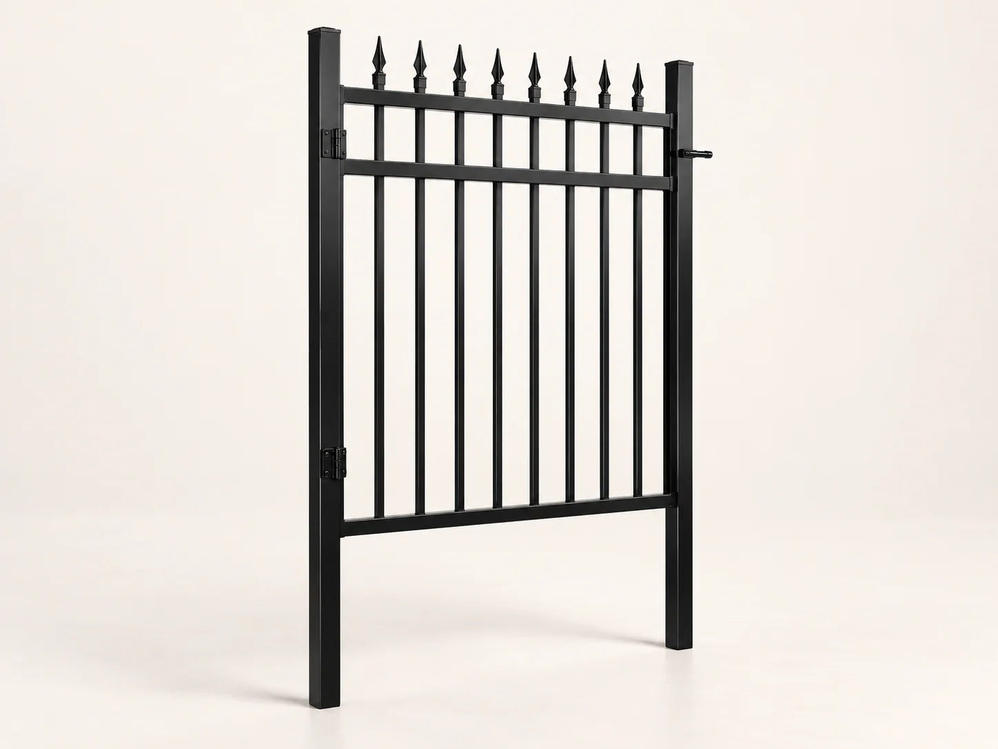6 ft Spear-Top Gate Kit — Black, angled view with posts