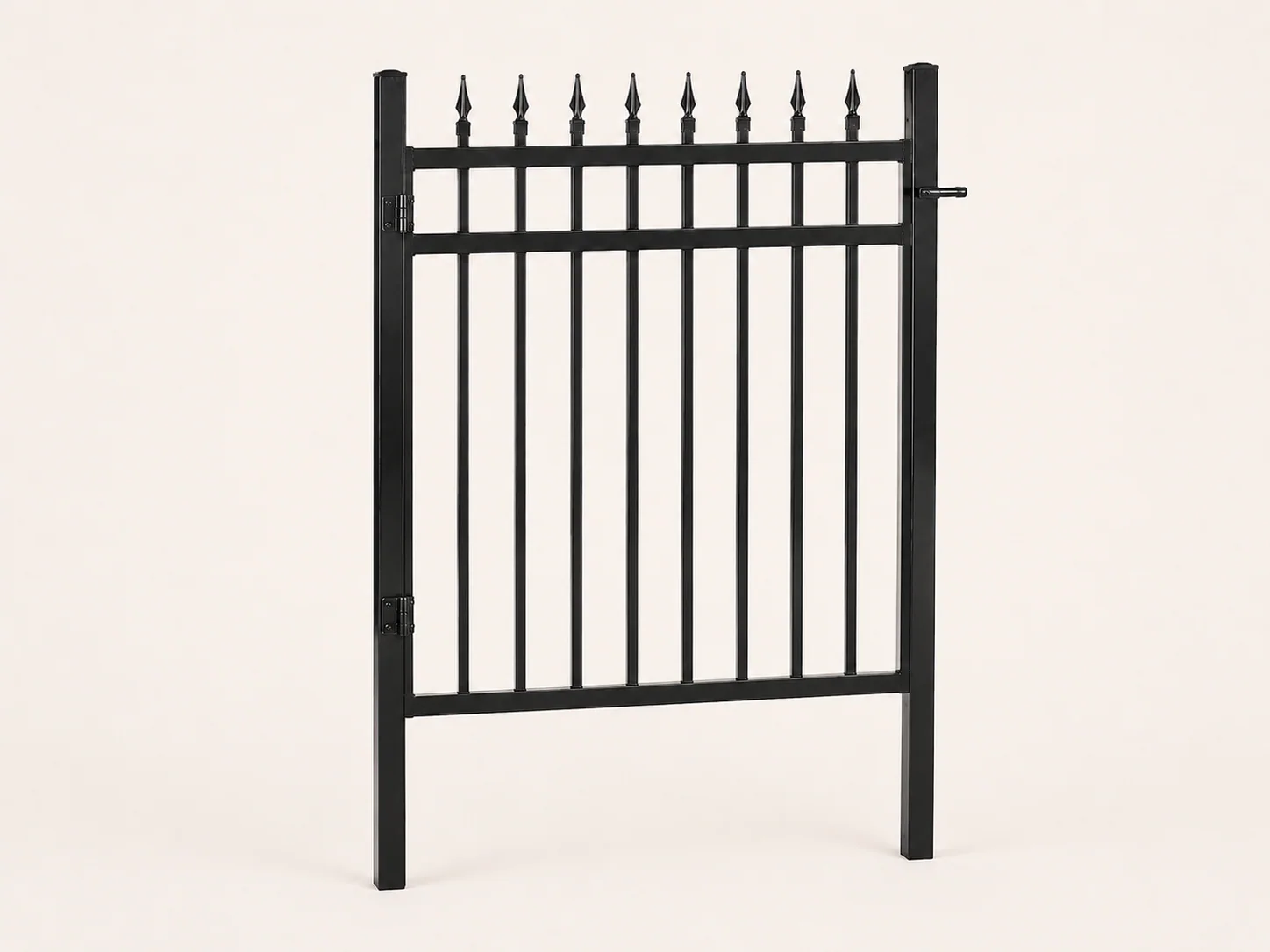 Three-quarter view of the Palisaro 4 ft spear-top gate kit with matching black posts
