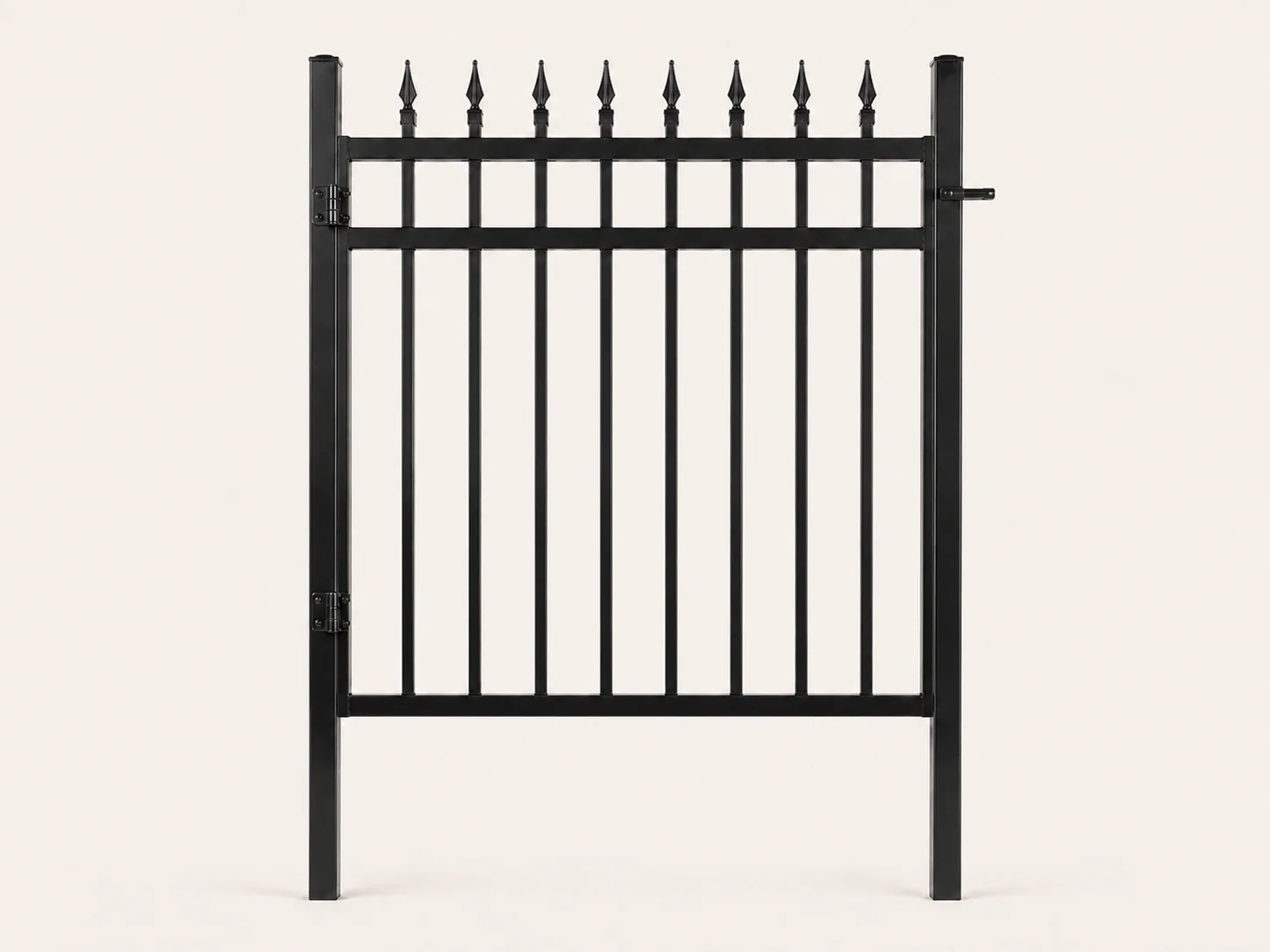 Front view of the Palisaro 4 ft gloss-black spear-top gate kit with two posts