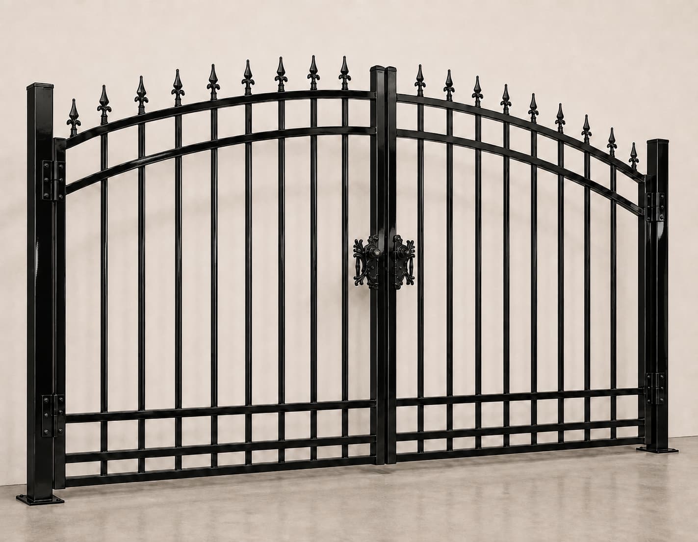 Palisaro 16 ft gloss-black spear-top driveway gate, left three-quarter view