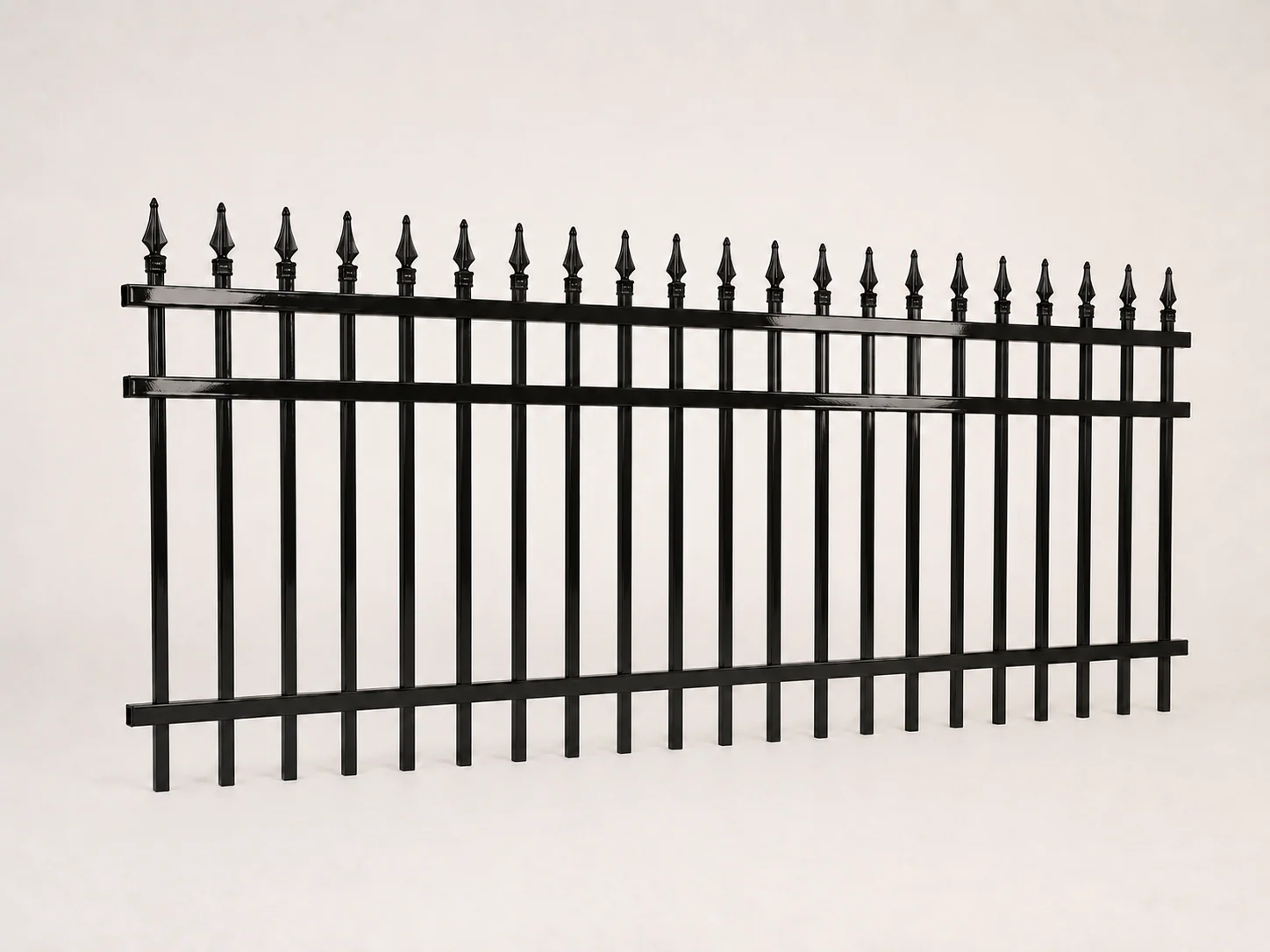 Palisaro 8 ft by 4 ft gloss-black spear-top steel fence panel, three-quarter view