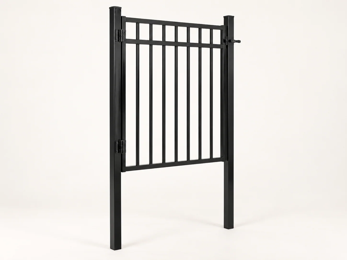 6 ft Flat-Top Gate Kit — Black, angled view with posts