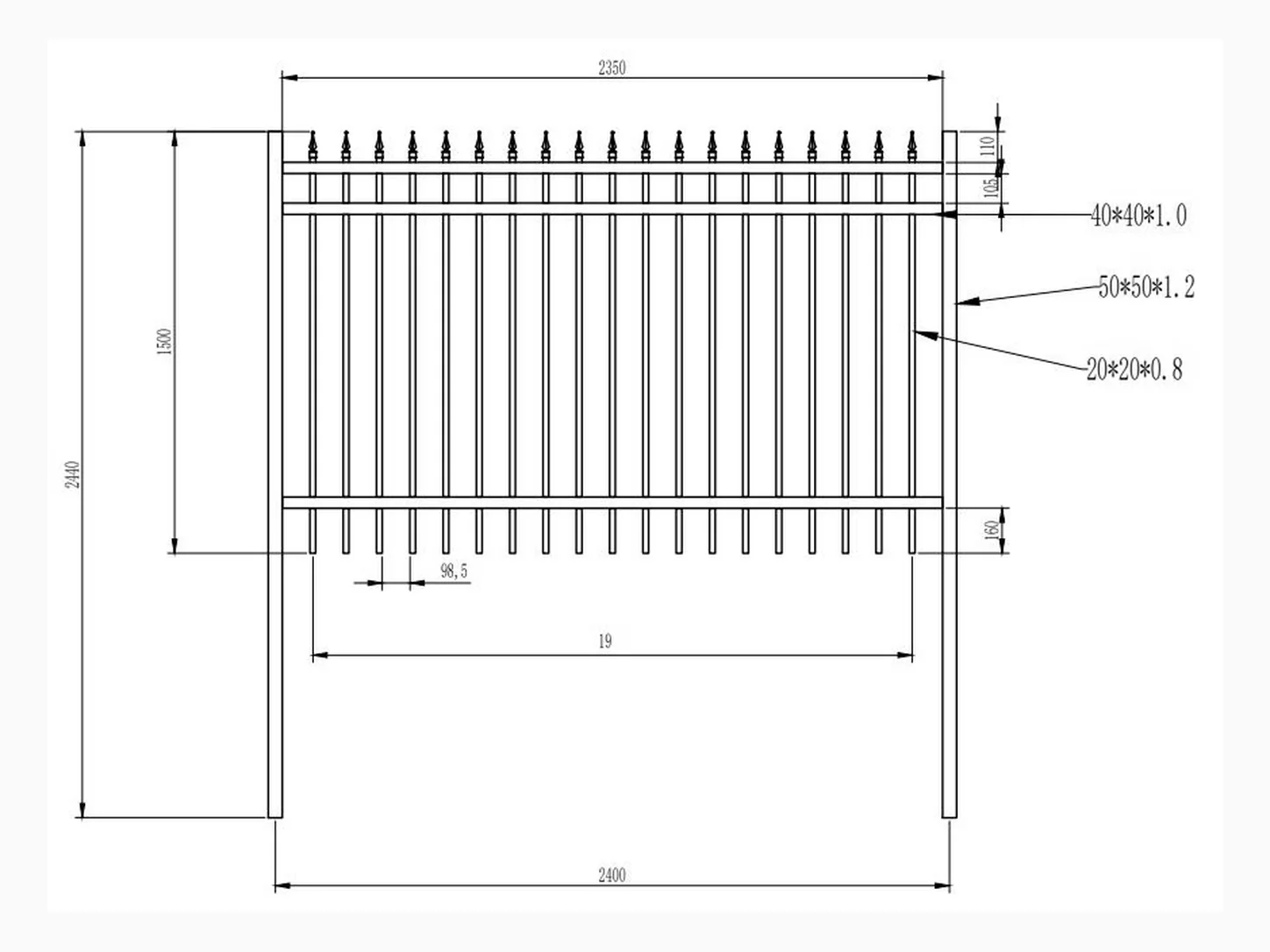 Technical dimensions for the Palisaro 5 ft spear-top panel