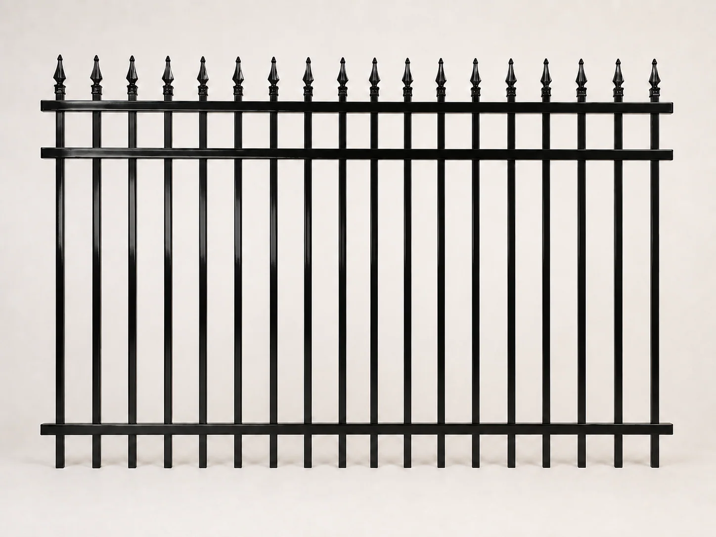 Palisaro 8 ft by 5 ft gloss-black spear-top steel fence panel, front view
