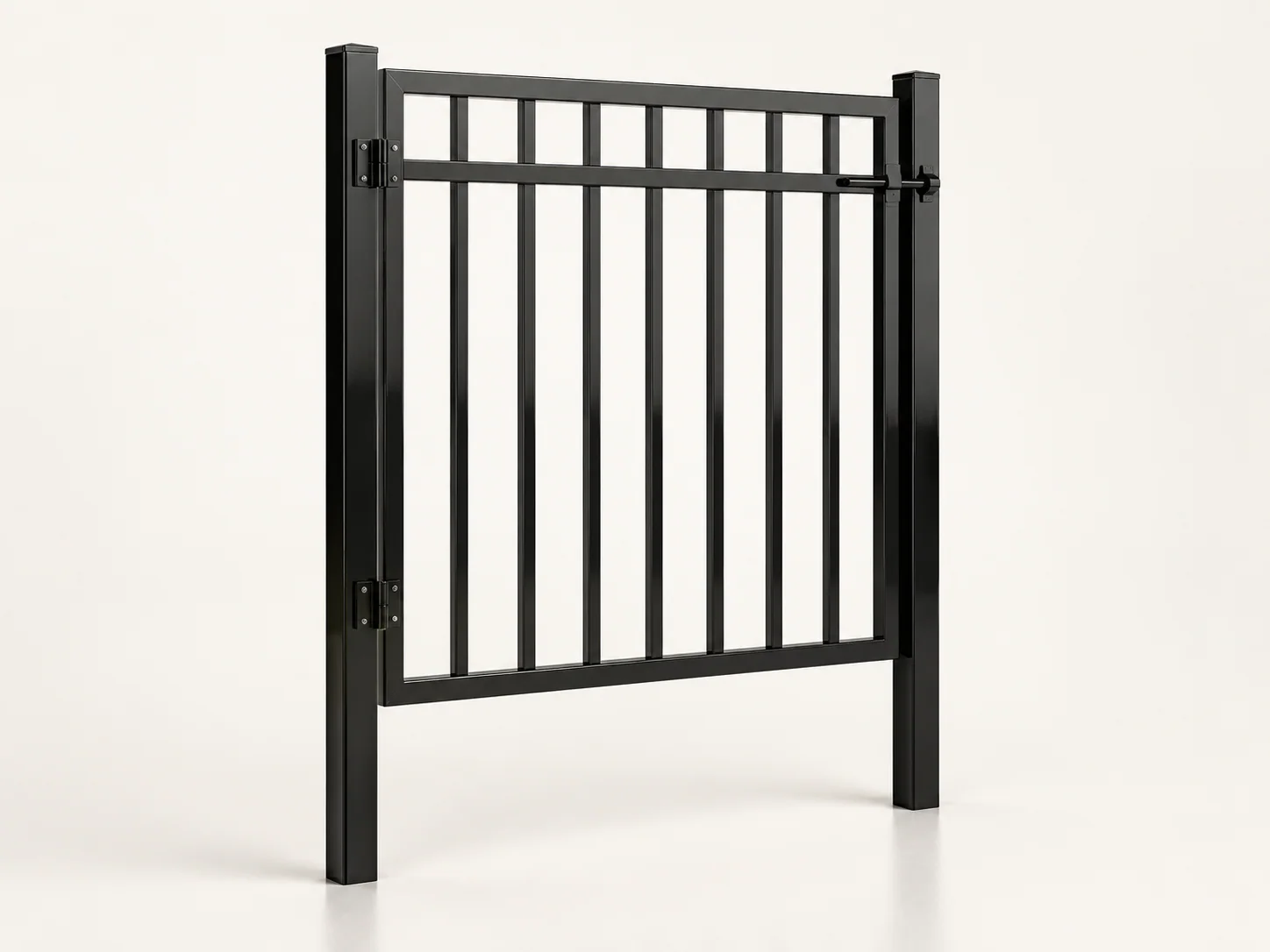 4 ft Flat-Top Gate Kit — Black, angled view with posts