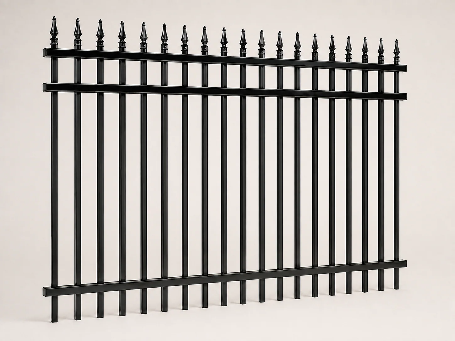 Palisaro 8 ft by 6 ft gloss-black spear-top steel fence panel, three-quarter view