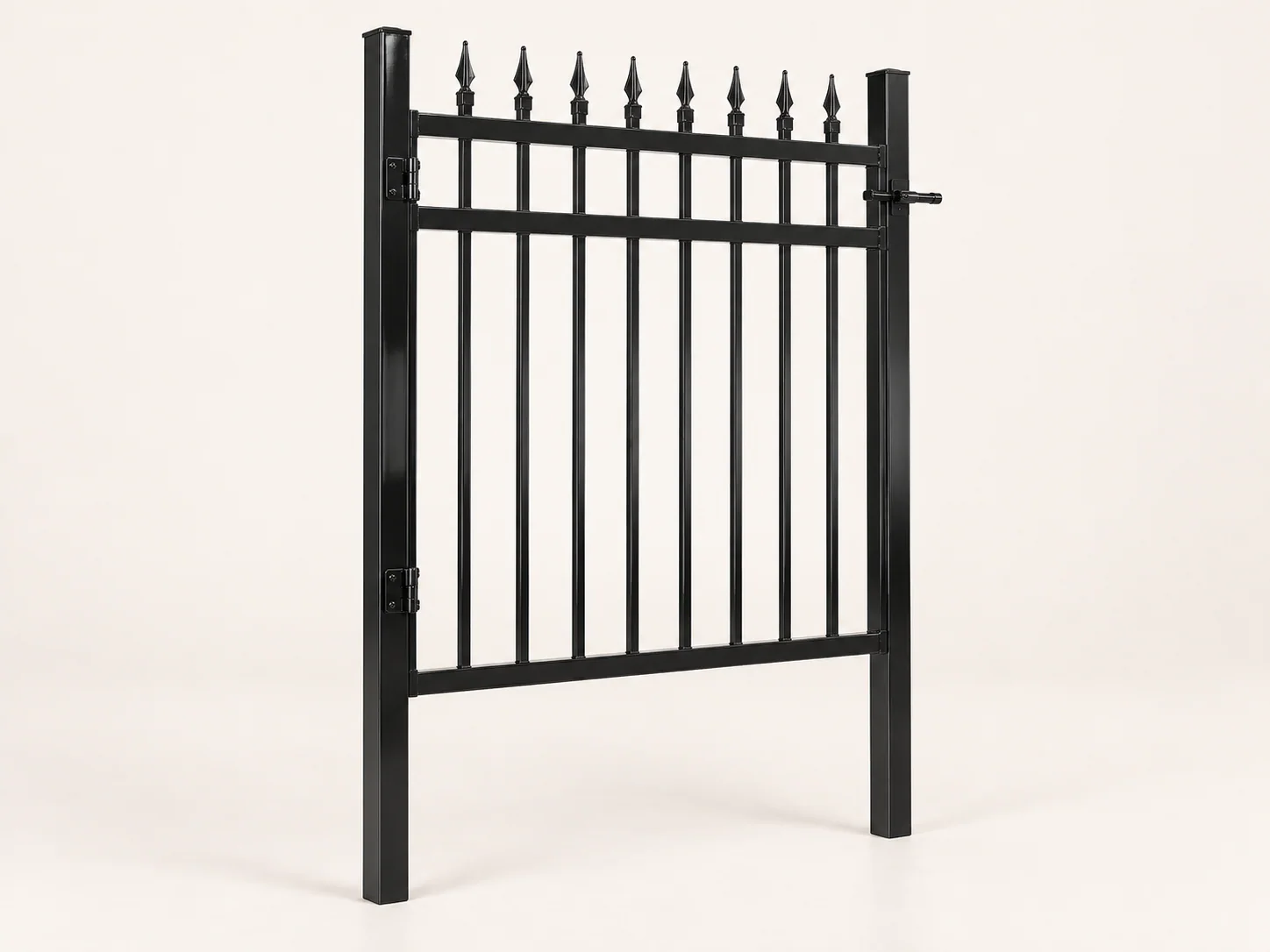 5 ft Spear-Top Gate Kit — Black, angled view with posts
